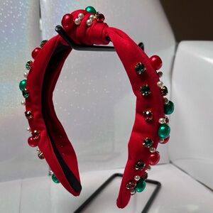 Knot-Top Christmas Headband | Red with Multicolor Faux Pearl & Rhinestone